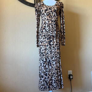 CABI Selma Dress Animal Print Midi Ruched Front Long Sleeve Stretchy Leopard XS